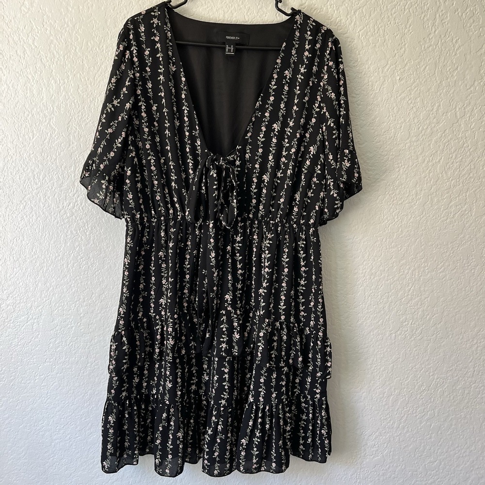 2X Dress Midi Black Tiered Pink Roses Flutter Sleeve Tie Neck V-neck A-line Y2K